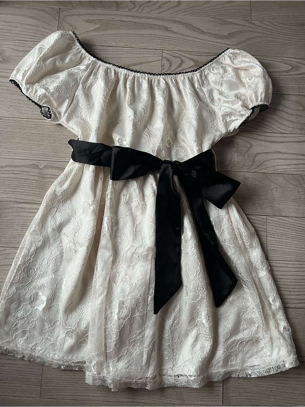Ivory Lace Off-Shoulder BabyDoll Top Black Ribbon
